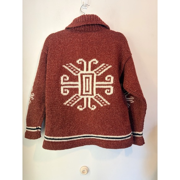 Vintage Hand Knit Cowichan Style Wool Zip Sweater Rust Western Chunky Lodge M/L - Picture 3 of 6